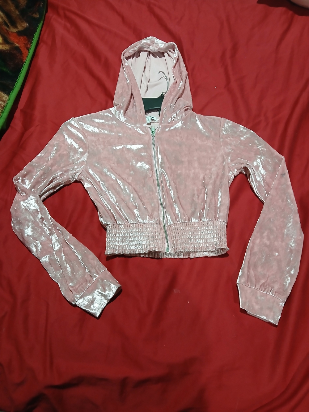Fashion Nova Light Pink Crushed Velvet Cropped Bomber Hoodie